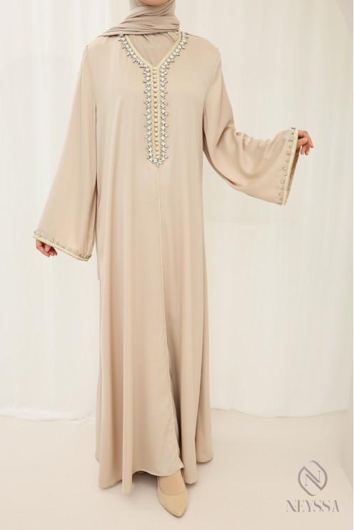 Abaya longue beige pour femme voilée style caftan pour l'aïd