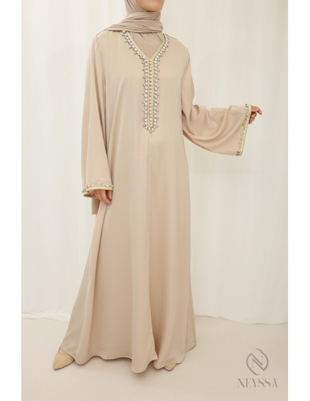 Beige long abaya for woman veiled caftan style for aïd