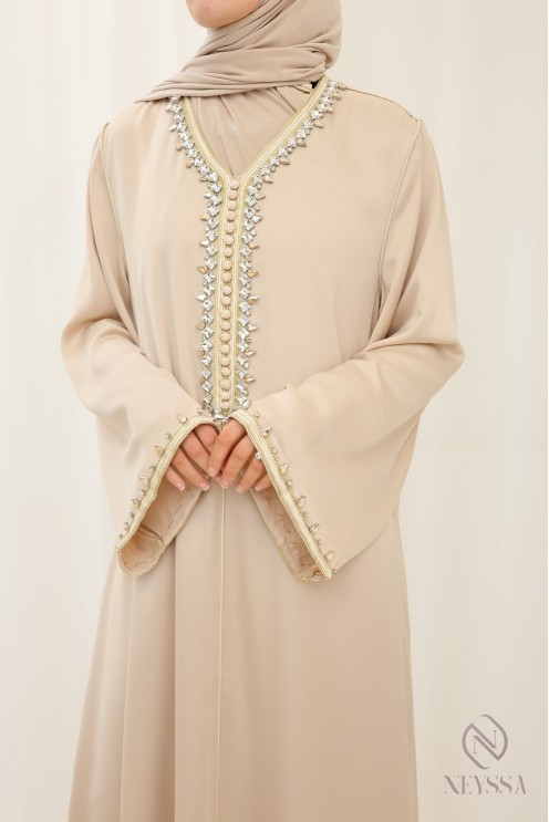 Abaya longue beige pour femme voilée style caftan pour l'aïd