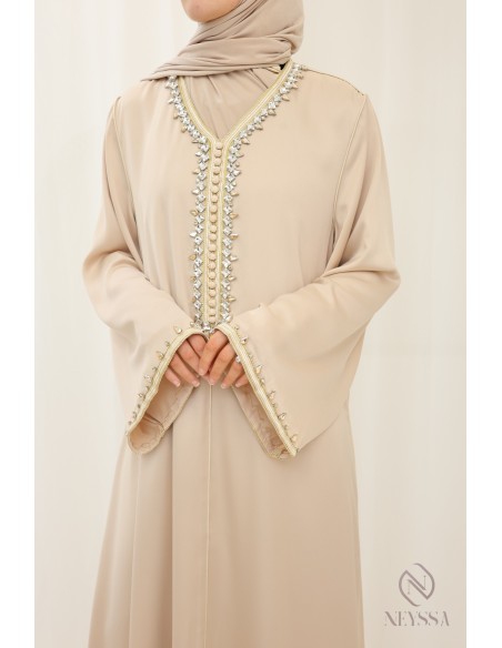 Beige lange Abaya für verschleierte Frau Kaftan-Stil für aïd