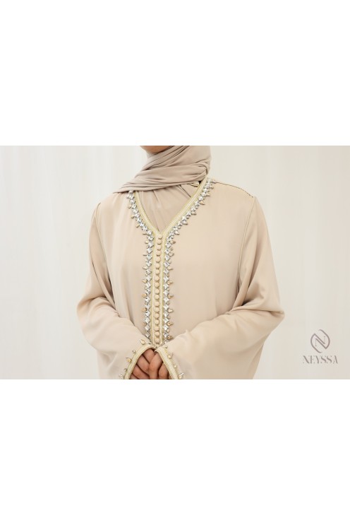Beige long abaya for woman veiled caftan style for aïd
