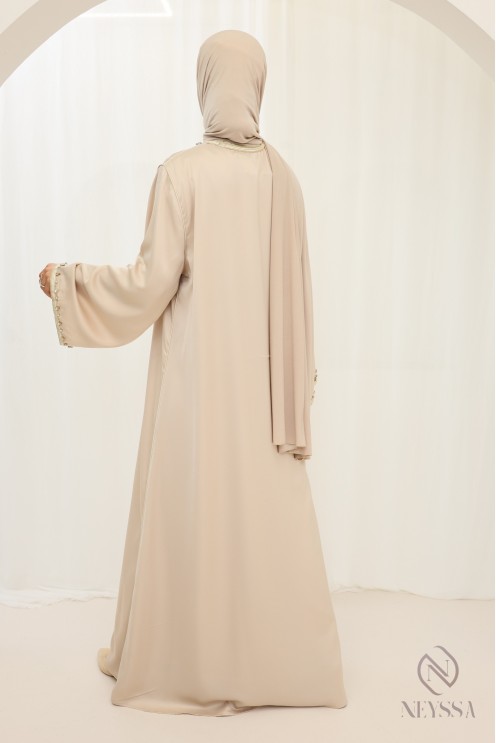 Beige long abaya for woman veiled caftan style for aïd