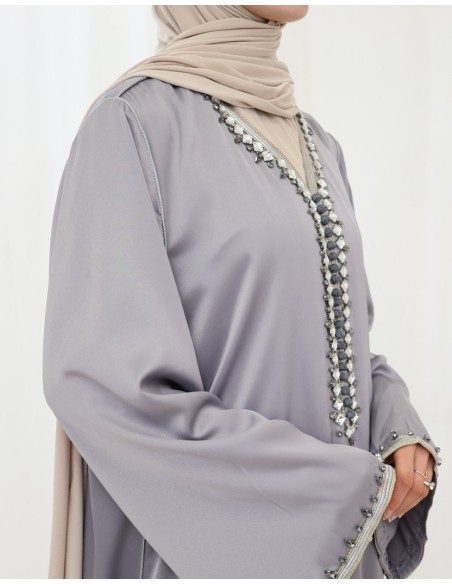 Abaya lange grau Stil caftan mit Perlen und sfifa Damen-Outfit