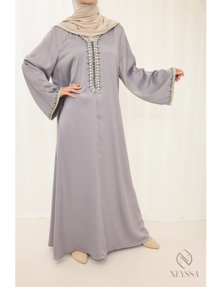 Abaya long grey caftan style with beads and sfifa female outfit