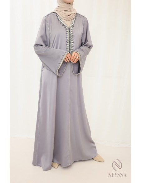 Abaya long grey caftan style with beads and sfifa female outfit