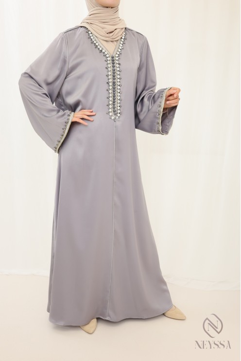 Abaya long grey caftan style with beads and sfifa female outfit
