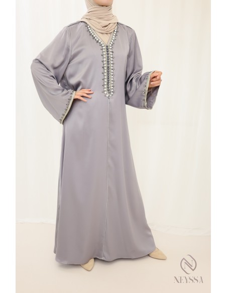 Abaya long grey caftan style with beads and sfifa female outfit