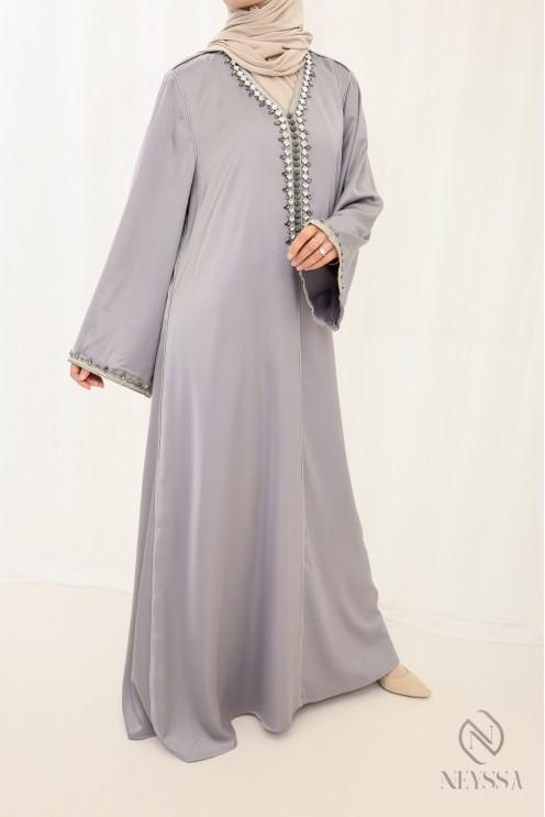 Abaya long grey caftan style with beads and sfifa female outfit