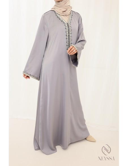 Abaya long grey caftan style with beads and sfifa female outfit