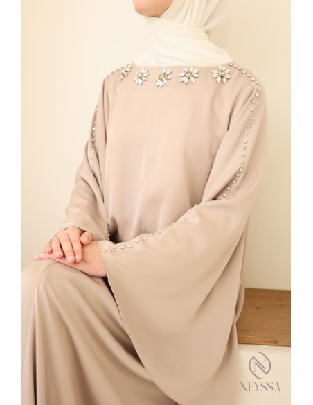 Abaya longue tissu léger perlés à la main, tenue pour l'Aïd femme