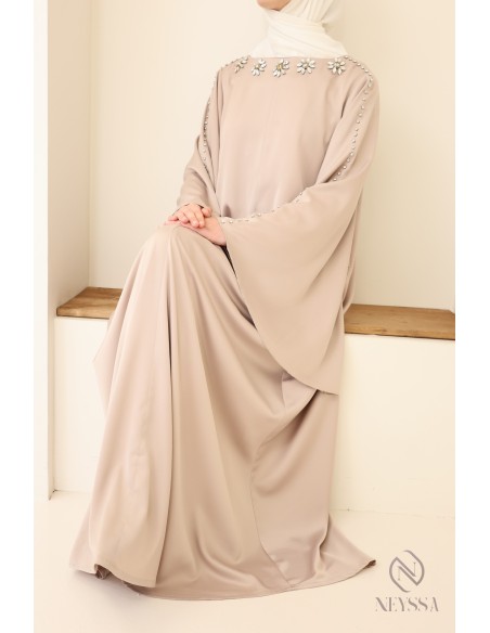 Abaya longue tissu léger perlés à la main, tenue pour l'Aïd femme