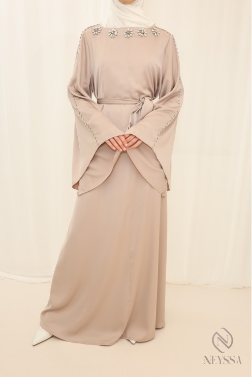 Abaya long light fabric hand beaded, held for Eid woman