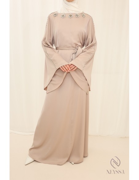 Abaya long light fabric hand beaded, held for Eid woman