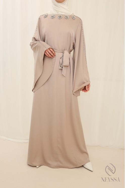 Abaya long light fabric hand beaded, held for Eid woman