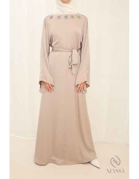 Abaya longue tissu léger perlés à la main, tenue pour l'Aïd femme