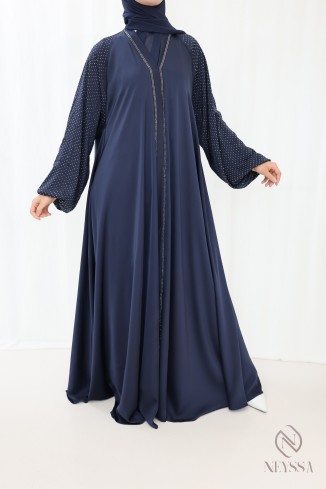 Abaya Dubaï coupe évasée bleu nuit femme hijabi pour fêtes religieuses 2
