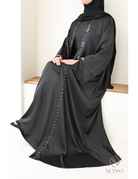 Ensemble abaya kimono perlés pour femme hijabi noir pour l'Aïd