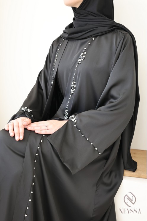 Schwarzes Hijabi-Perlen-Kimono-Set für Frauen für Eid