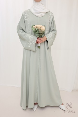 Lange Abaya mit Stickerei für verschleierte Frauen Salbeigrün Hijabi.