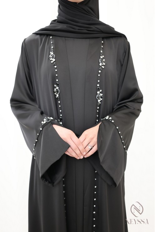 Ensemble abaya kimono perlés pour femme hijabi noir pour l'Aïd