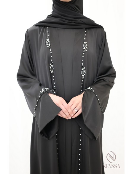 Schwarzes Hijabi-Perlen-Kimono-Set für Frauen für Eid
