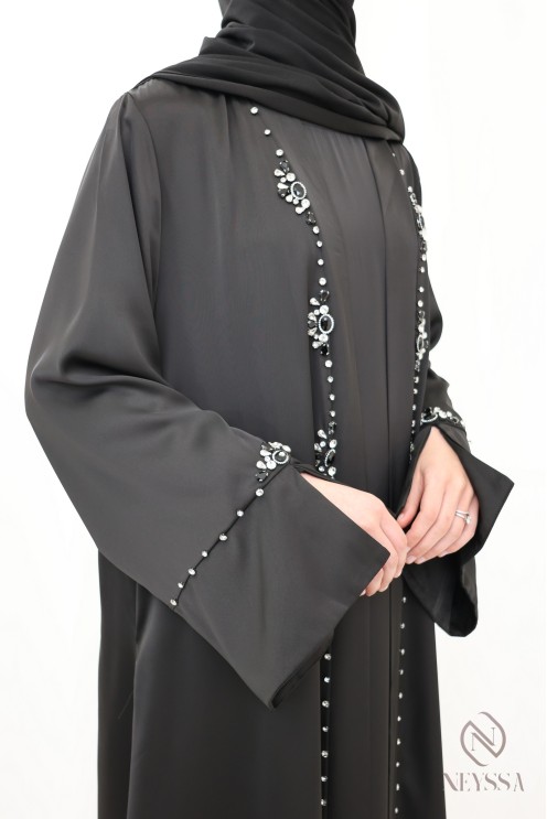 Schwarzes Hijabi-Perlen-Kimono-Set für Frauen für Eid