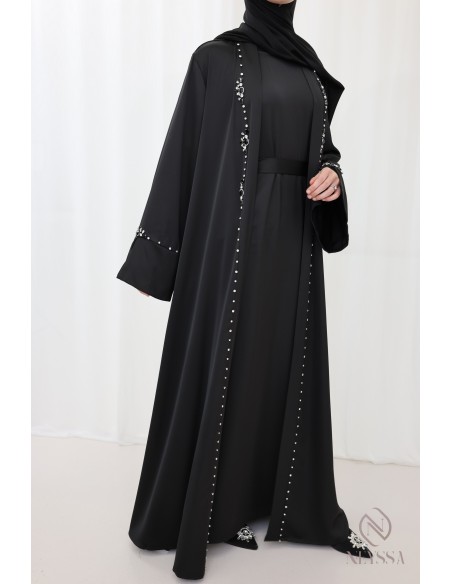 Ensemble abaya kimono perlés pour femme hijabi noir pour l'Aïd