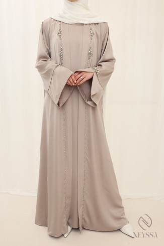 Ensemble abaya kimono perlés pour femme hijabi noir pour l'Aïd