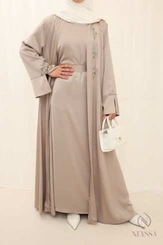 Ensemble abaya kimono perlés pour femme hijabi noir pour l'Aïd 2