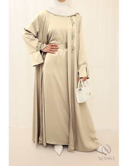 Schwarzes Hijabi-Perlen-Kimono-Set für Frauen für Eid