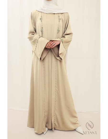 Ensemble abaya kimono perlés pour femme hijabi noir pour l'Aïd