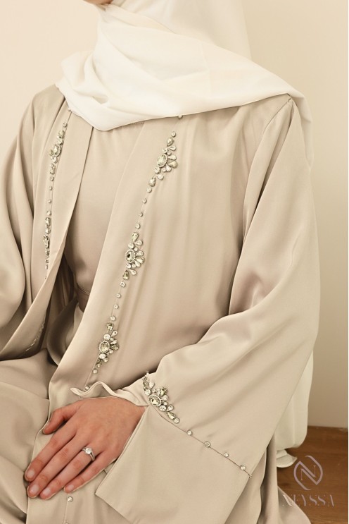 Ensemble abaya kimono perlés pour femme hijabi noir pour l'Aïd