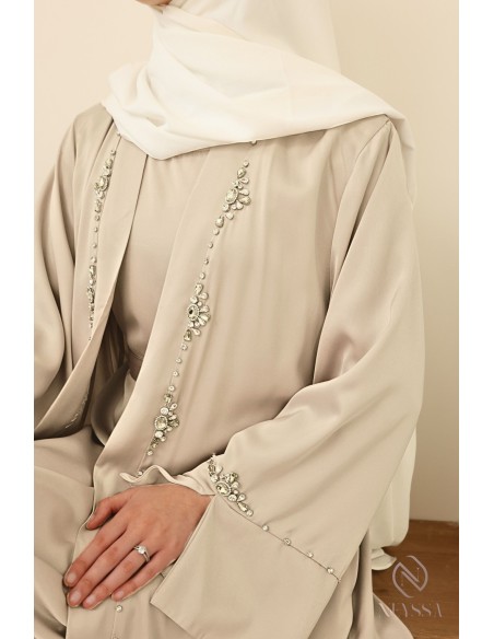 Ensemble abaya kimono perlés pour femme hijabi noir pour l'Aïd