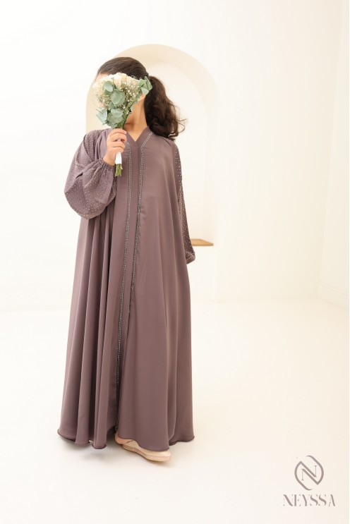 Abaya Dubaï fille évasée avec strass à manches bouffantes