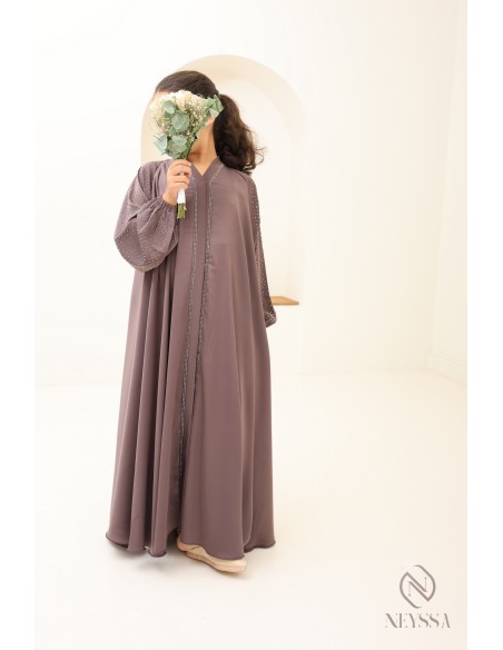 Abaya Dubaï fille évasée avec strass à manches bouffantes