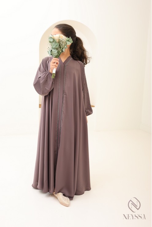 Abaya Dubaï fille évasée avec strass à manches bouffantes