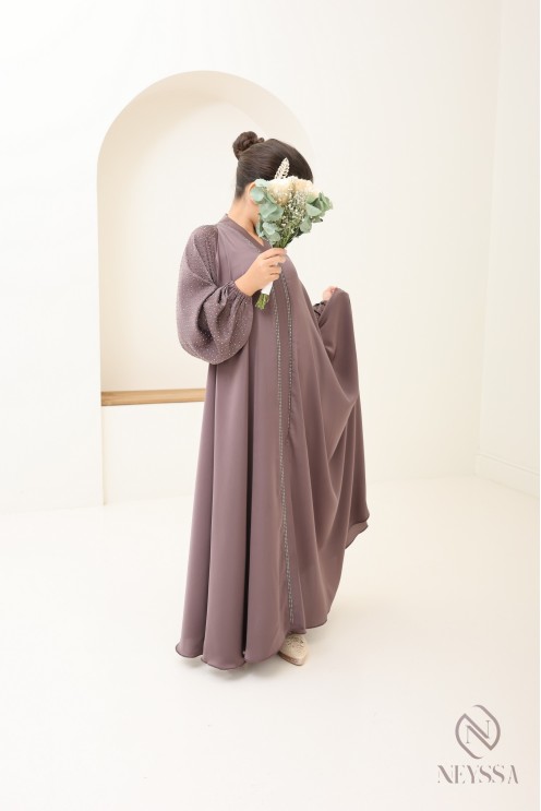 Abaya Dubaï fille évasée avec strass à manches bouffantes