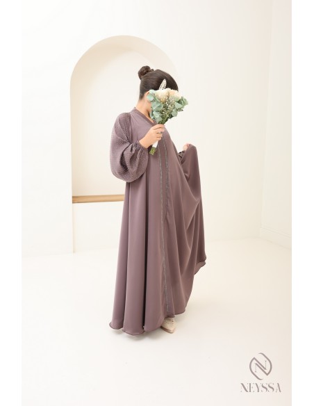 Abaya Dubaï fille évasée avec strass à manches bouffantes