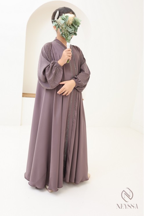 Abaya Dubaï fille évasée avec strass à manches bouffantes