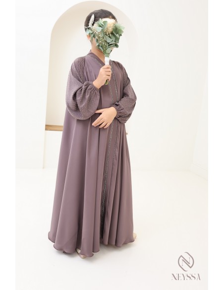Abaya Dubaï fille évasée avec strass à manches bouffantes