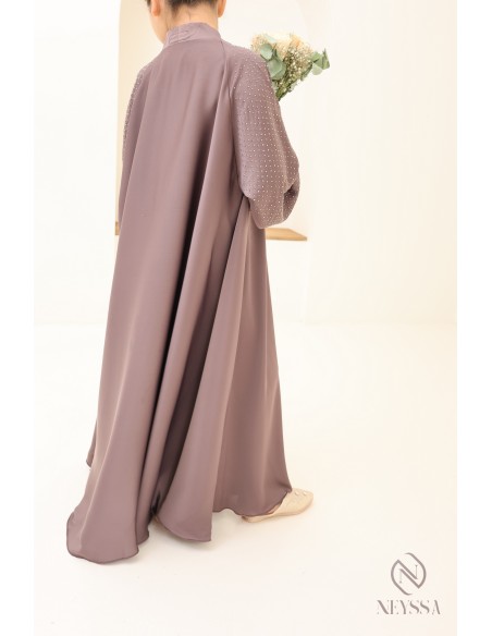 Abaya Dubaï fille évasée avec strass à manches bouffantes