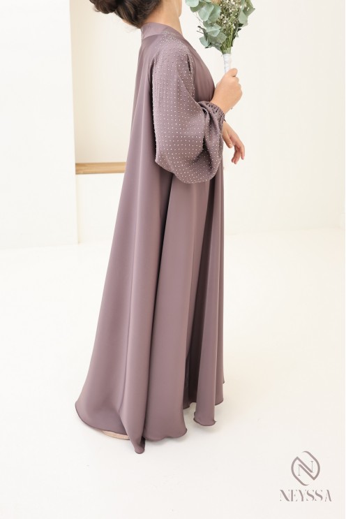 Abaya Dubaï fille évasée avec strass à manches bouffantes