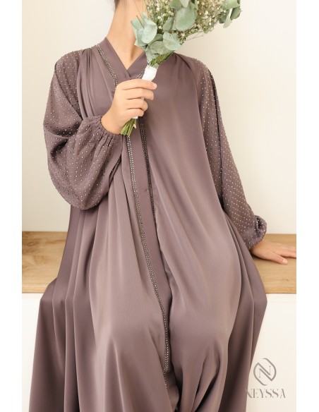 Abaya Dubaï fille évasée avec strass à manches bouffantes