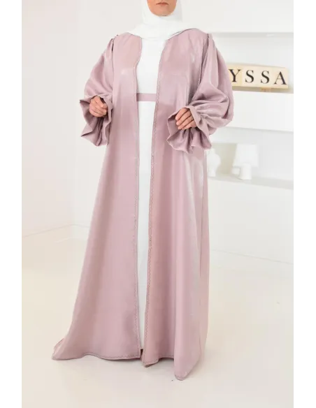 Abaya Dubai kimono shiny fabric khaki for veiled Muslim woman