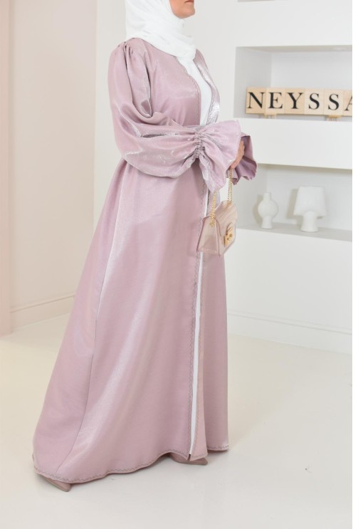 Abaya Dubai kimono shiny fabric khaki for veiled Muslim woman