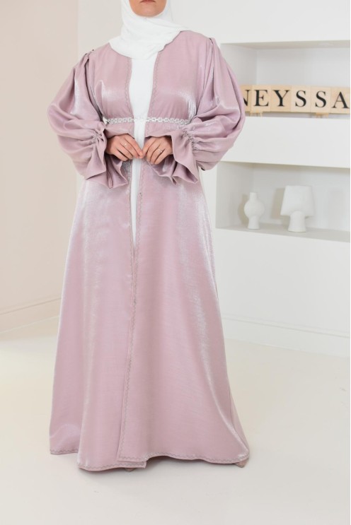 Abaya Dubai kimono shiny fabric khaki for veiled Muslim woman