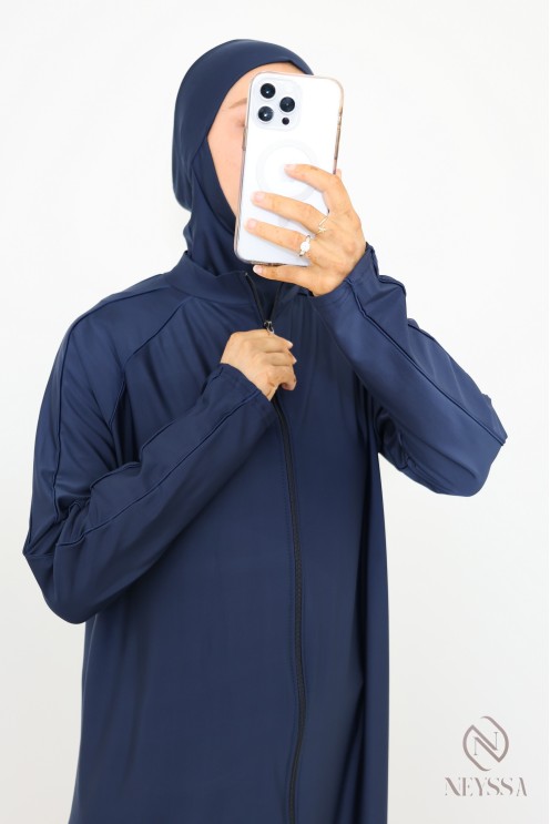 Blauer Burkini Tunika extra lang mit Reißverschluss, für stillende Frauen.