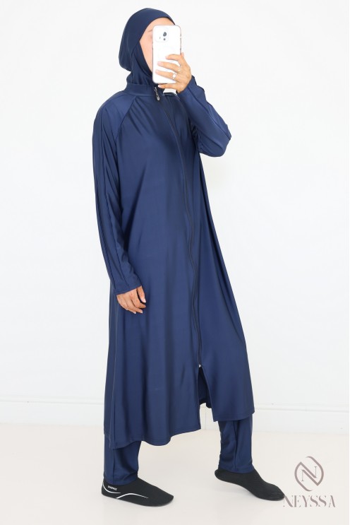 Extra-long blue tunic burkini with zip ideal for nursing mothers