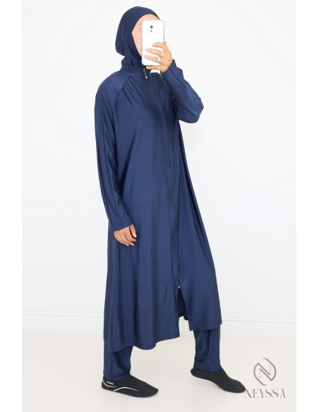 Extra-long blue tunic burkini with zip ideal for nursing mothers