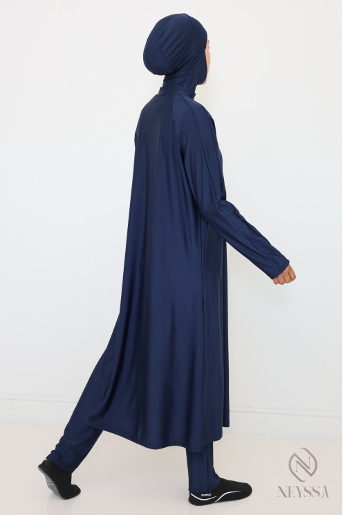 Blauer Burkini Tunika extra lang mit Reißverschluss, für stillende Frauen.